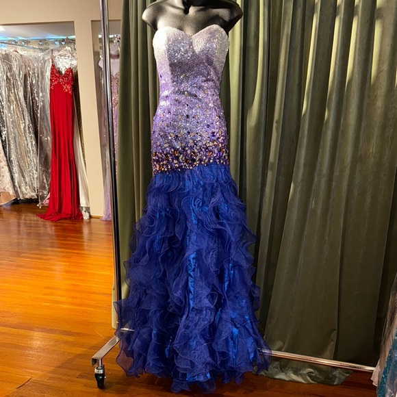 Indigo Strapless Sequin and Ruffle prom Gown - Picture 2 of 7